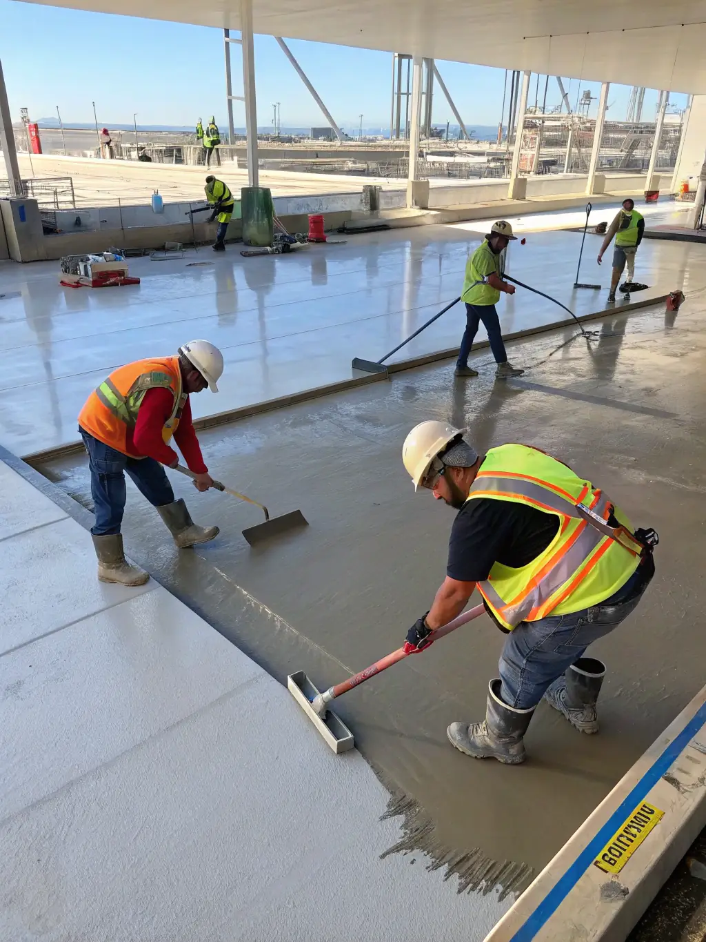 Workers expertly smoothing a large concrete floor in a commercial building, demonstrating the precision and quality of RedyMix Gold Coast's workmanship.