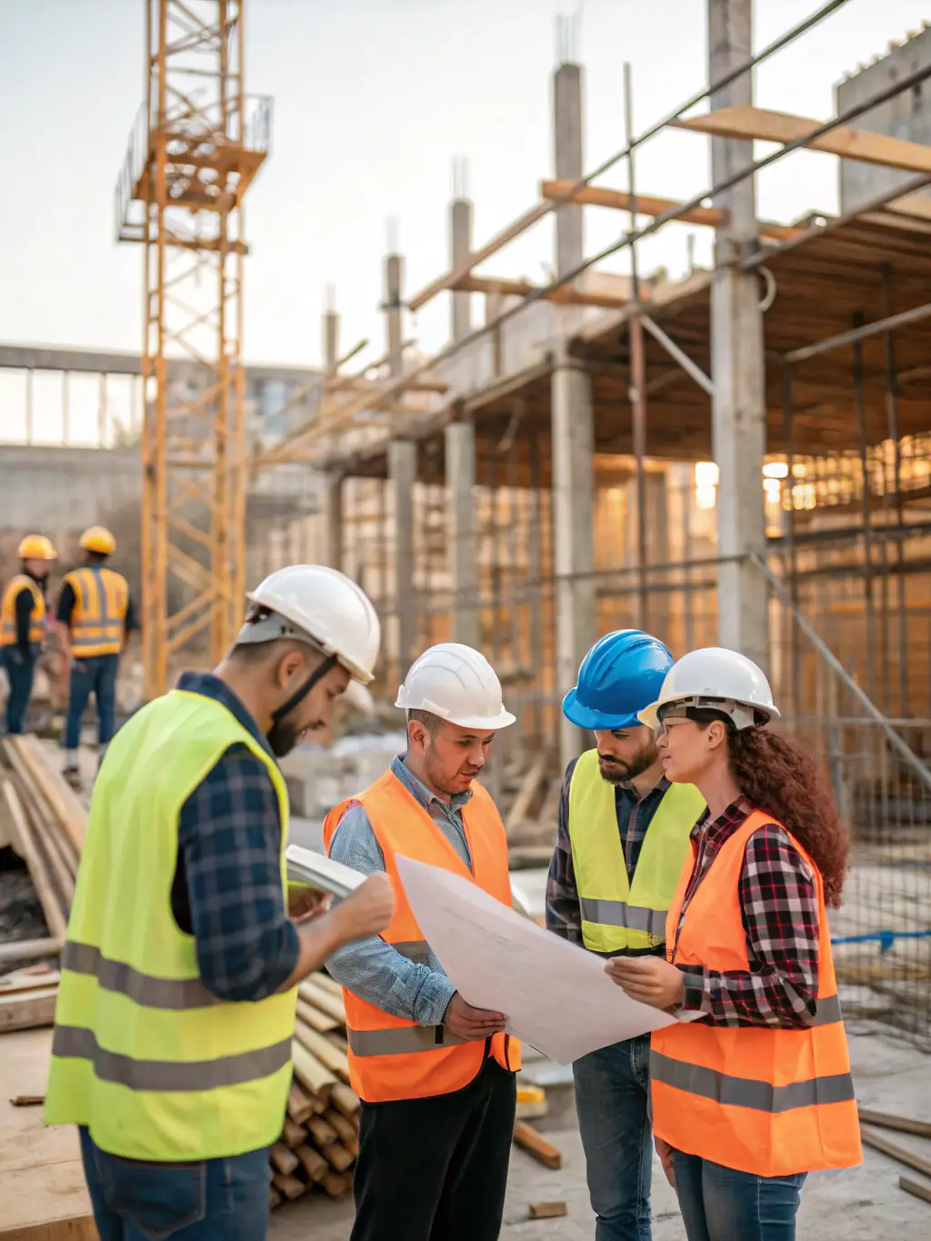 A diverse team of RedyMix Gold Coast concrete specialists collaborating on a blueprint at a construction site, showcasing their expertise and teamwork.